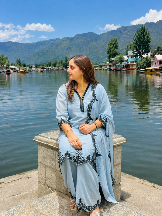 Powder Blue Pure Georgette Embroidered Sharara Set with Dupatta