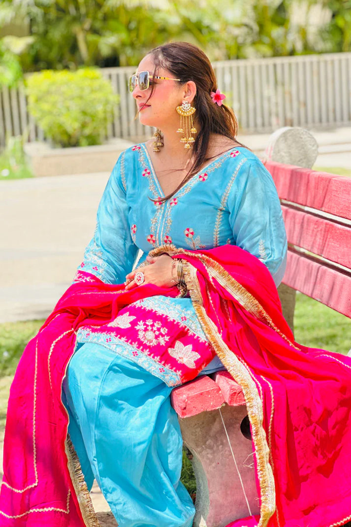 Sky Blue & Pink Embroidered Patiyala Suit Set with Chinon Dupatta