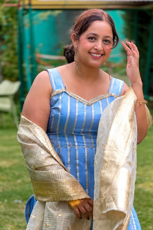 Sky Blue Banarasi Silk Kurta Set with Golden Dupatta