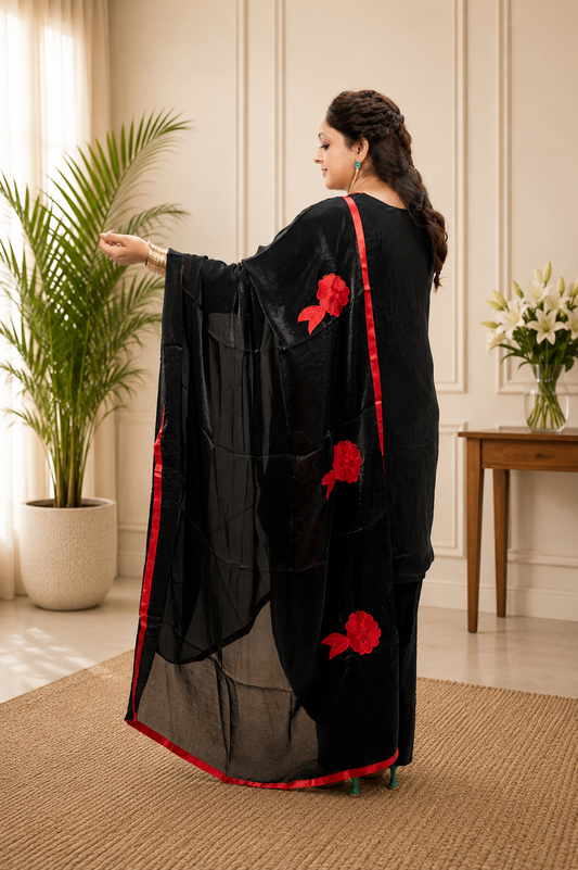 Black Floral Embroidered Patiyala Suit Set with Dupatta Fandy Silk