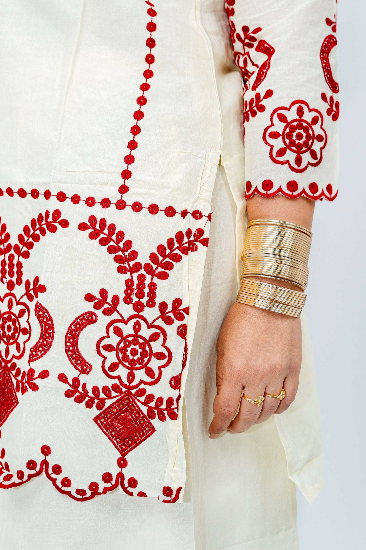 Ivory & Red Embroidered Co-ord Set – Tunic & Palazzo Pants