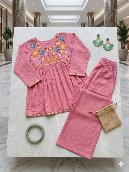 Pink Floral Embroidery Peplum Co-ord Set