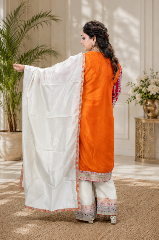 Elegant Embroidered Patiyala Suit Set with Shimmer Silk Dupatta