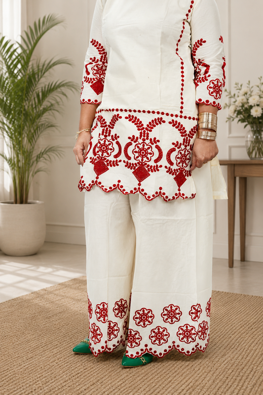 Ivory & Red Embroidered Co-ord Set – Tunic & Palazzo Pants
