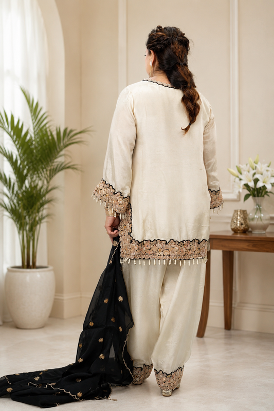 Ivory & Black Embroidered Kurta Set with Farshi Salwar & Organza Dupatta