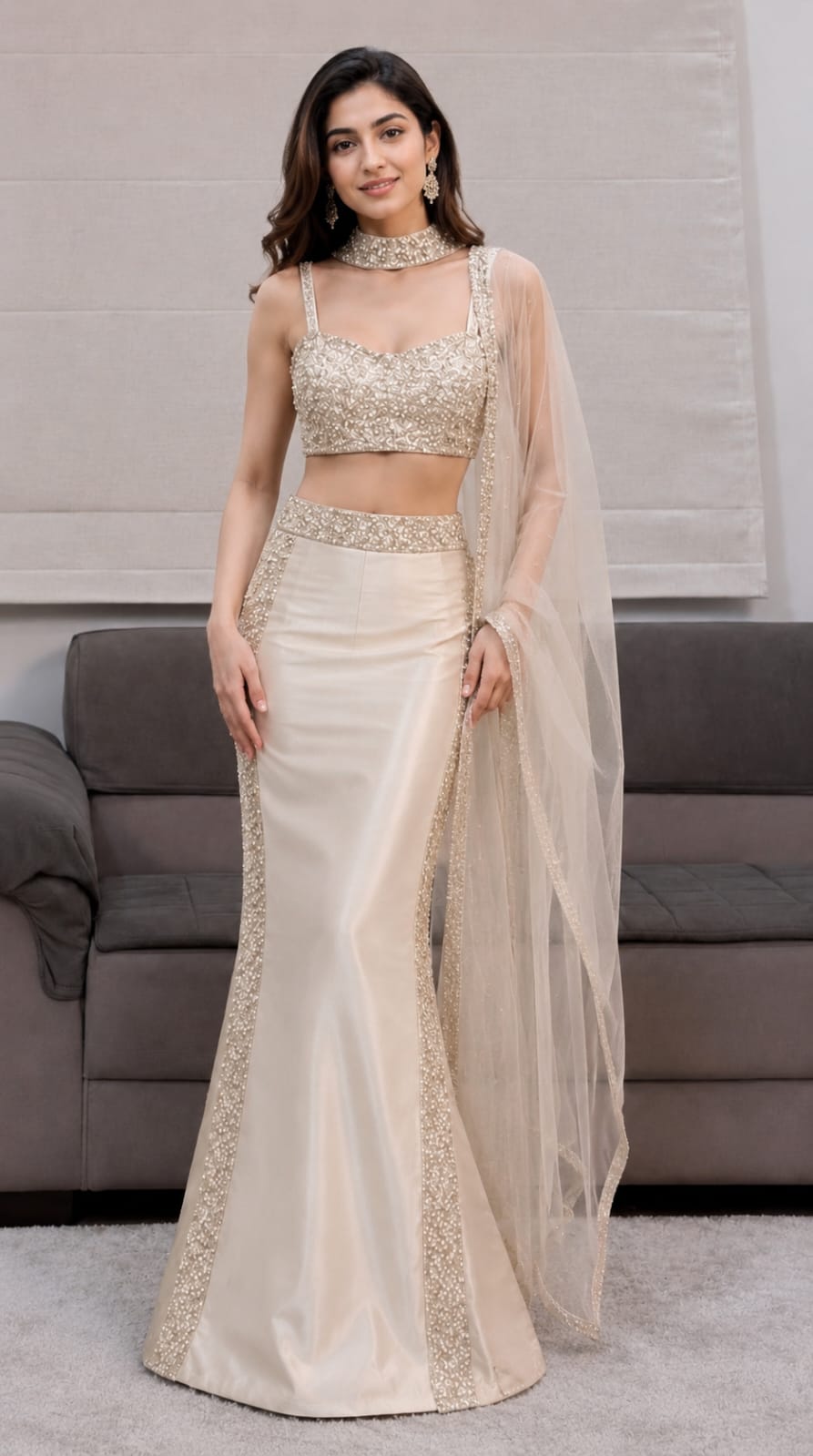 Embroidered Top and Armani Satin Skirt Set in Champagne Ivory