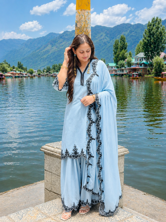 Powder Blue Pure Georgette Embroidered Sharara Set with Dupatta
