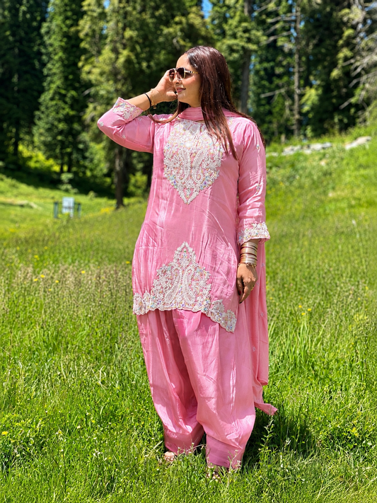 Baby Pink Embroidered Shummer Silk Suit Set