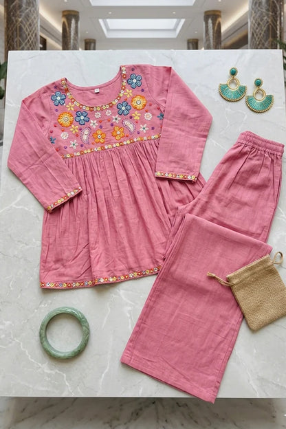 Pink Floral Embroidery Peplum Co-ord Set