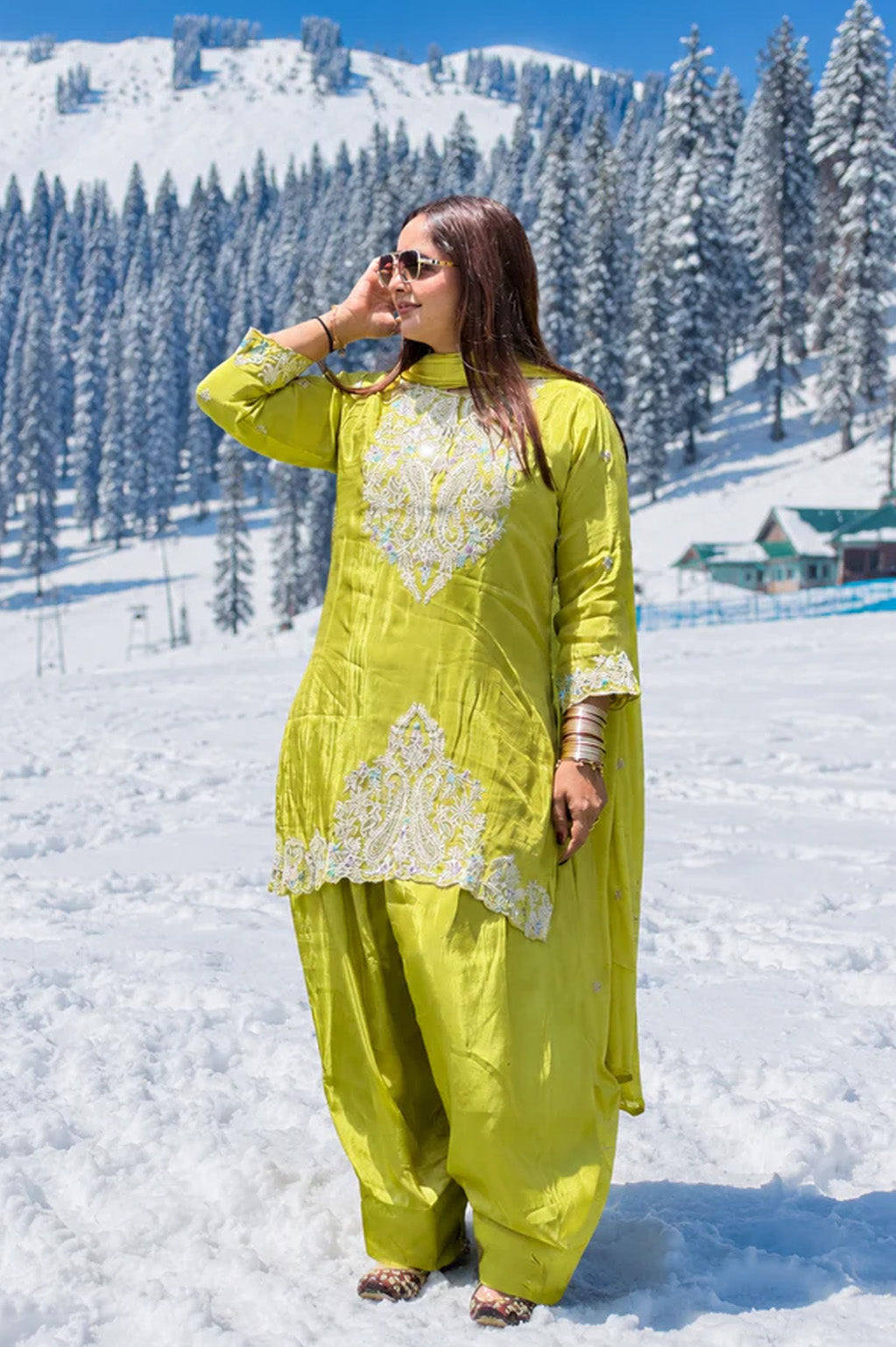 Lime Green Embroidered Shimmer Silk Suit Set