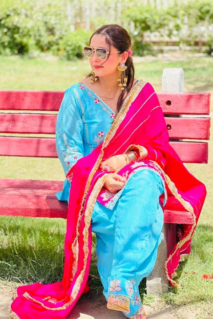 Sky Blue & Pink Embroidered Patiyala Suit Set with Chinon Dupatta