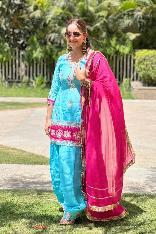 Sky Blue & Pink Embroidered Patiyala Suit Set with Chinon Dupatta