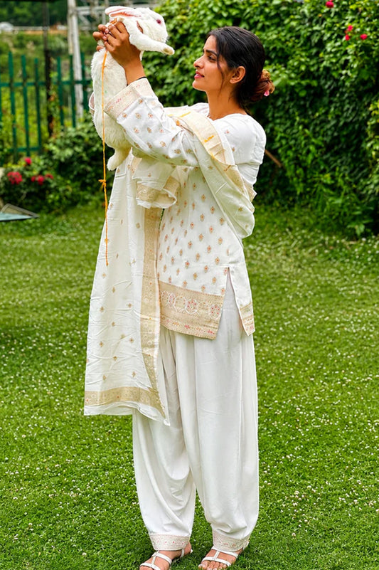 Off-White Banarasi Silk Suit Set