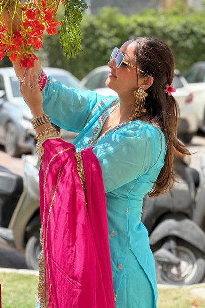 Sky Blue & Pink Embroidered Patiyala Suit Set with Chinon Dupatta