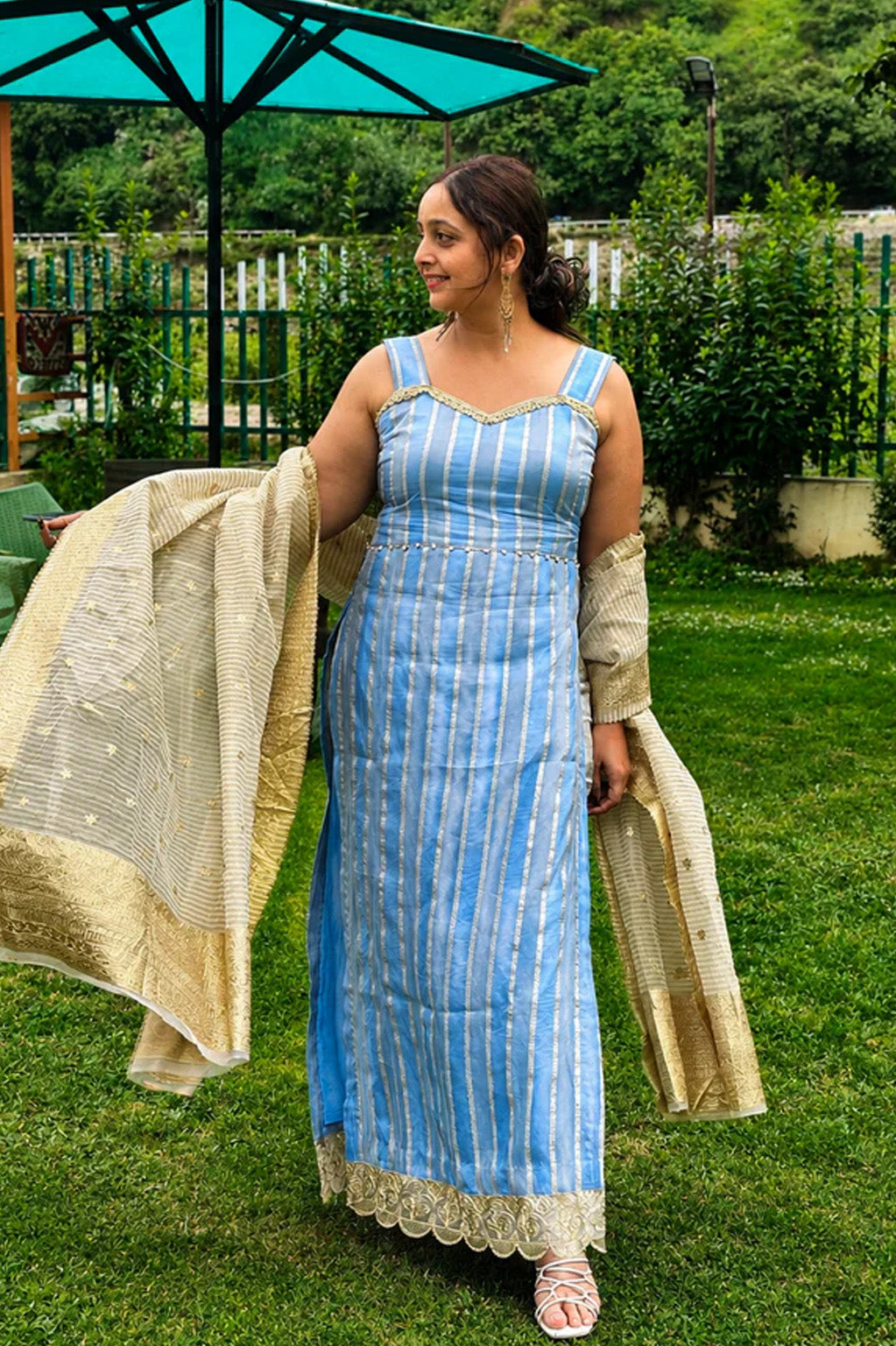 Sky Blue Banarasi Silk Kurta Set with Golden Dupatta