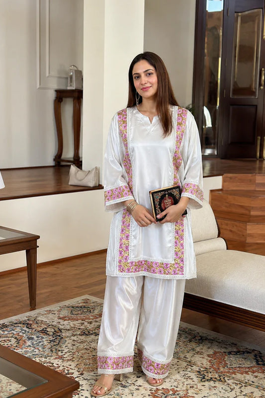 Satin Silk Farshi Salwar Suit Pearl Color