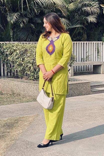 Lime Green Embroidered Cotton Co-ord Set | Kurta & Straight Pant