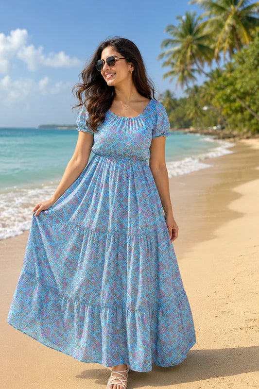 Blue Floral Tiered Dress | Beach Wear
