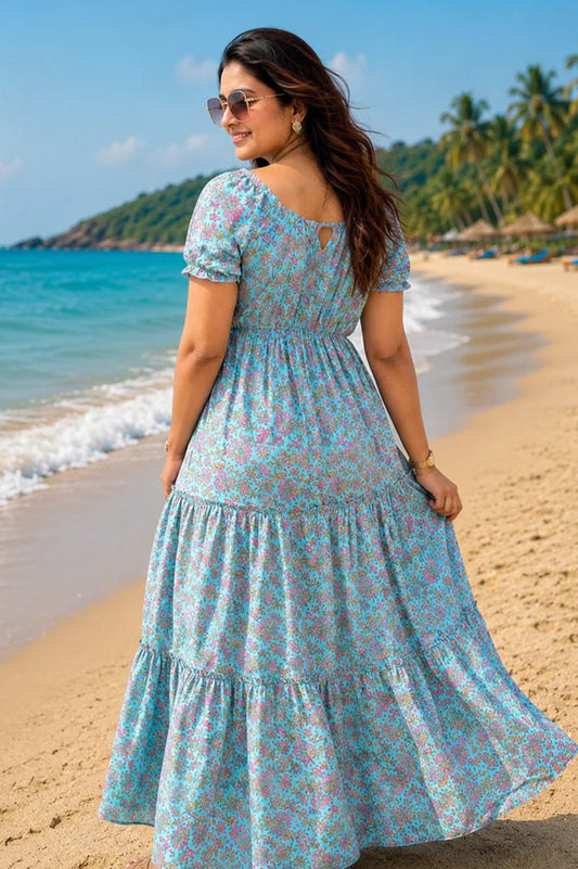 Blue Floral Tiered Dress | Beach Wear
