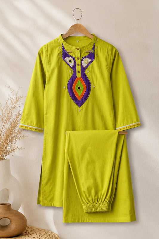 Lime Green Embroidered Cotton Co-ord Set | Kurta & Straight Pant
