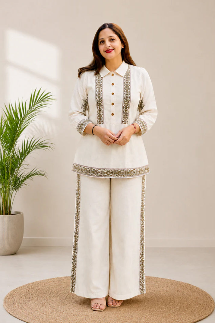 Off White Mull Cotton Embroidered Co-ord Set | Shirt Top & Wide Leg Pants