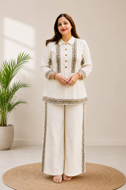 Off White Mull Cotton Embroidered Co-ord Set | Shirt Top & Wide Leg Pants
