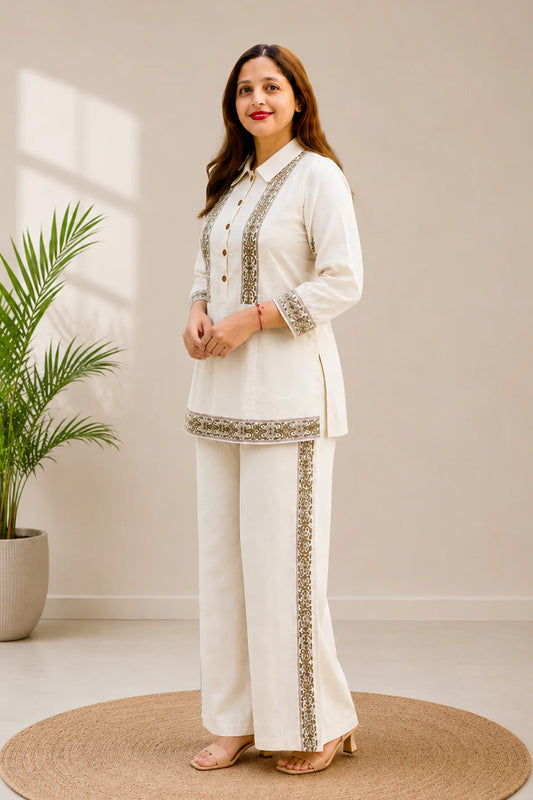 Off White Mull Cotton Embroidered Co-ord Set | Shirt Top & Wide Leg Pants