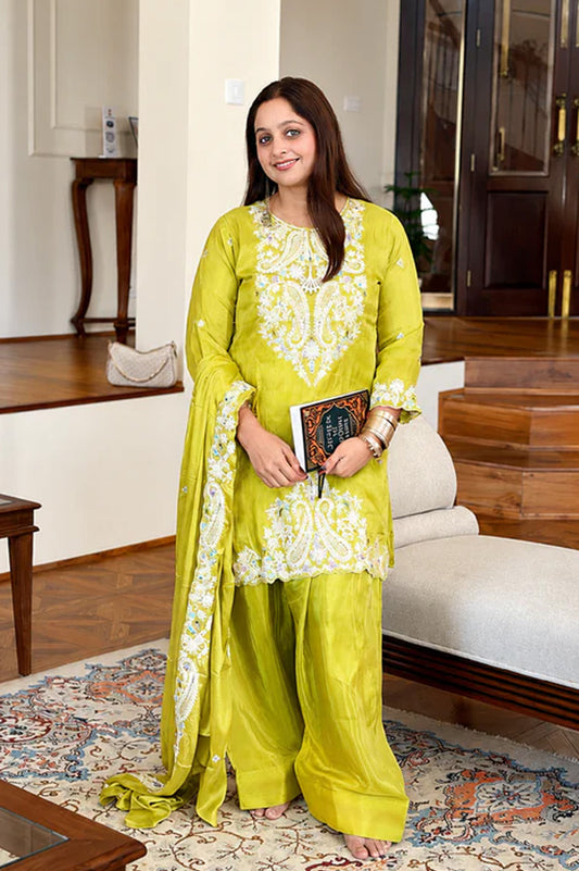 Lime Green Embroidered Shimmer Silk Suit Set