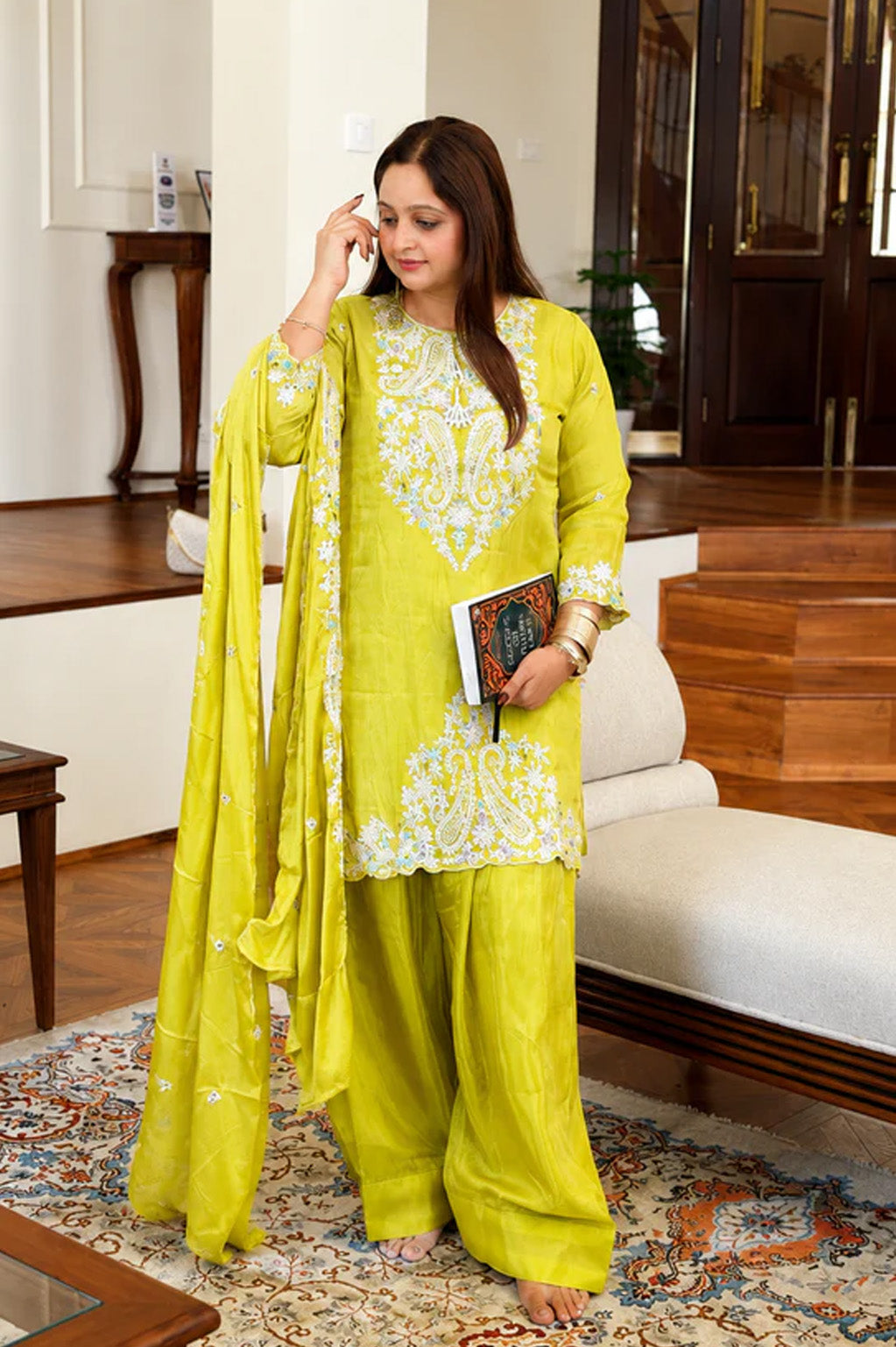 Lime Green Embroidered Shimmer Silk Suit Set