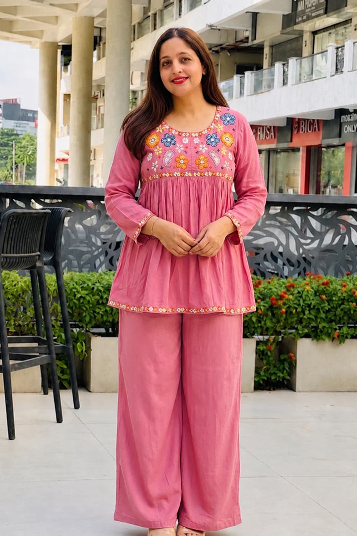 Pink Floral Embroidery Peplum Co-ord Set