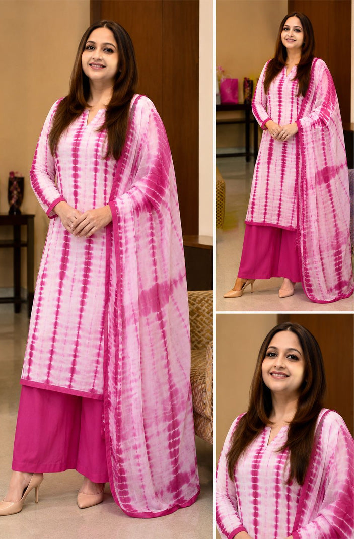 Pink tie-dye pure Bamber suit set with chiffon dupatta