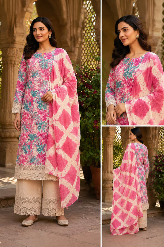 Floral print cotton suit set with Chikan palazzo and tie-dye dupatta