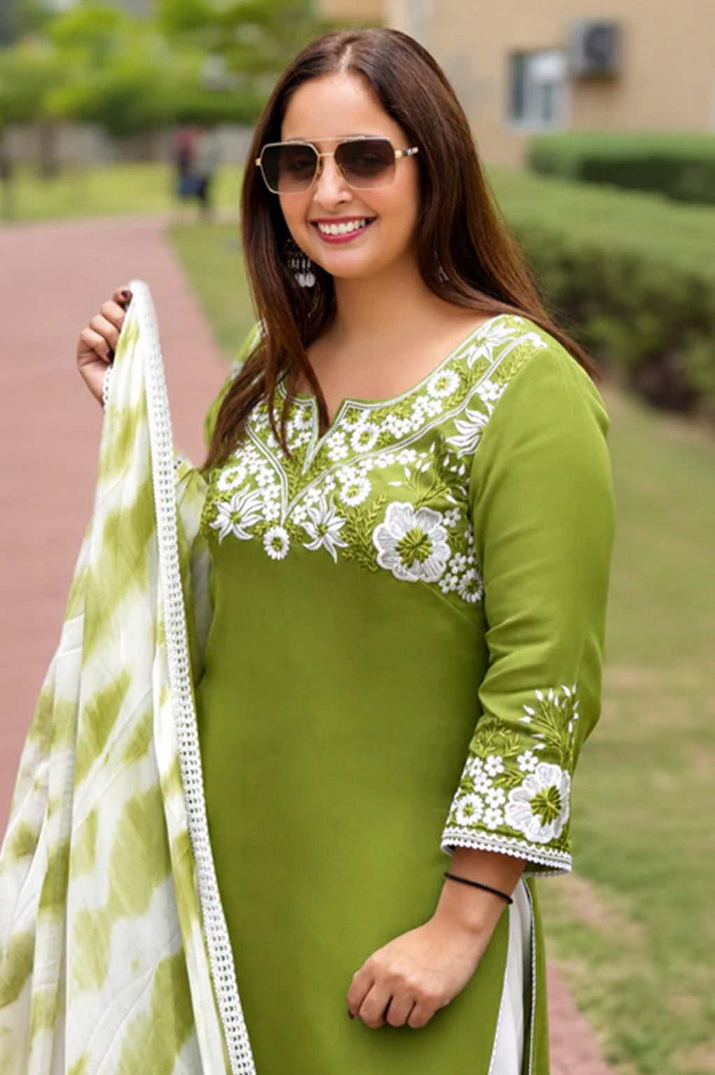 Olive Green Embroidered Salwar Suit Set | Twill Organza