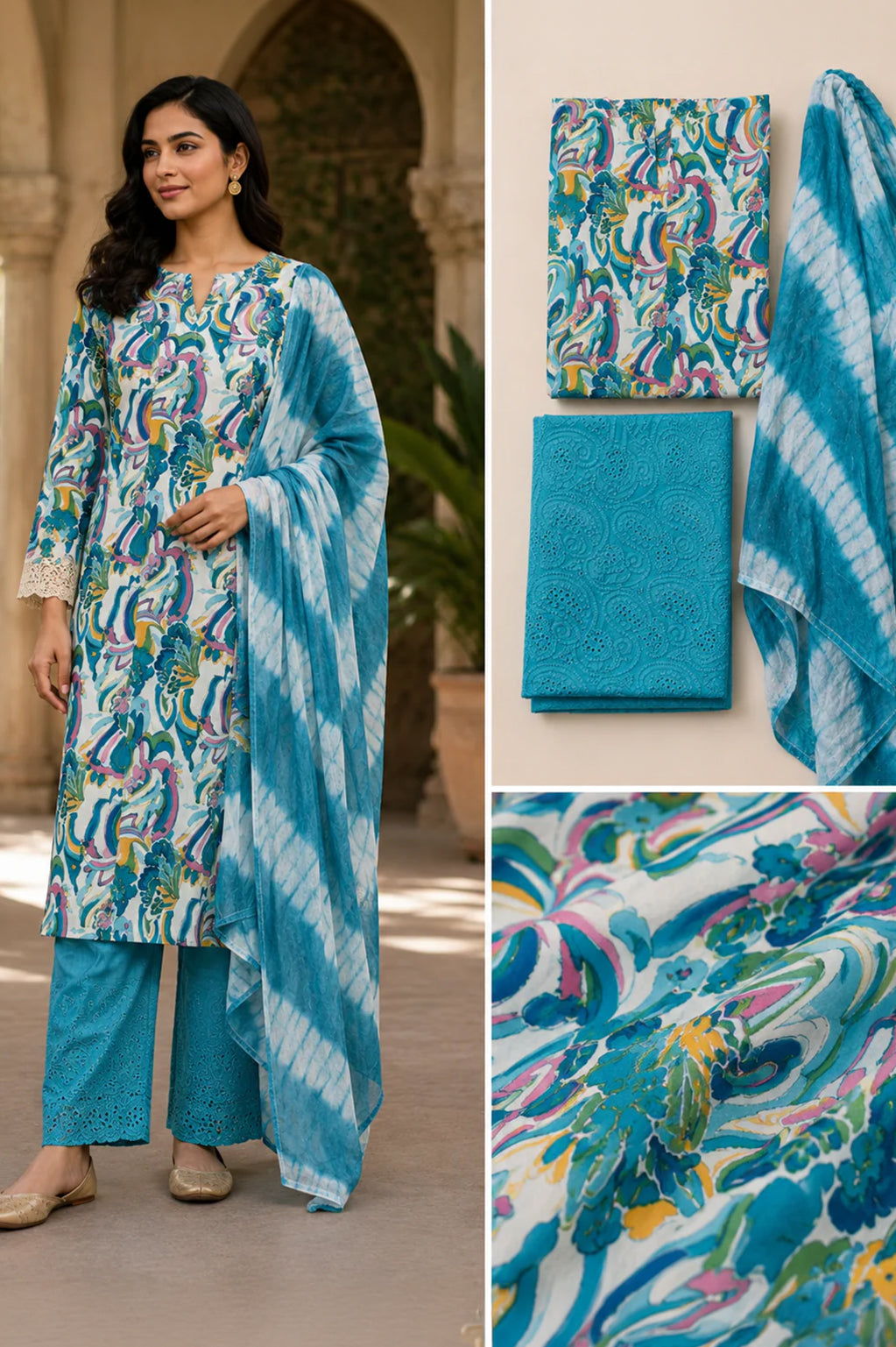 Floral print cotton suit set with Chikan palazzo and tie-dye dupatta – view 3
