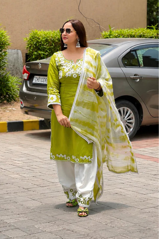 Olive Green Embroidered Salwar Suit Set | Twill Organza