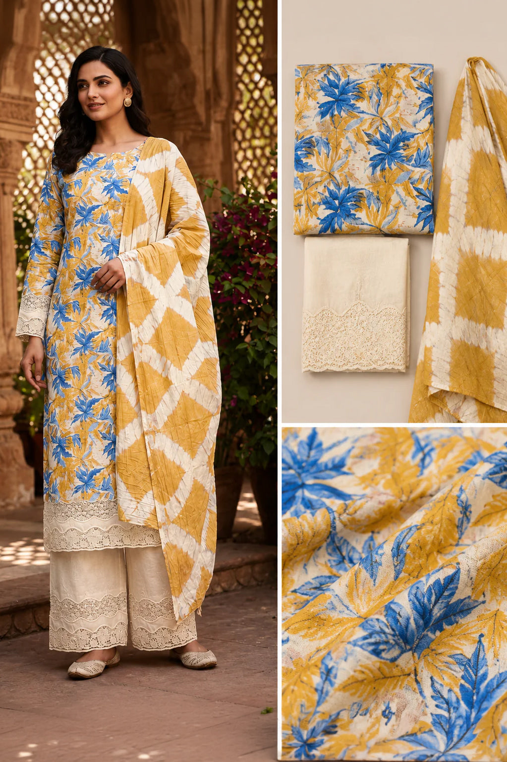 Floral print cotton suit set with Chikan palazzo and tie-dye dupatta – view 2