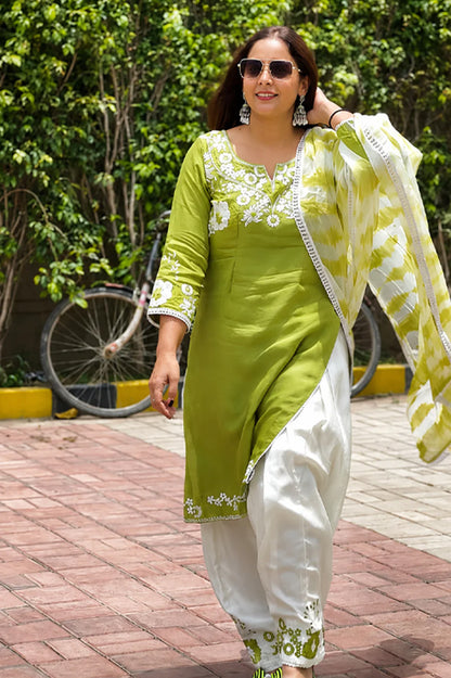 Olive Green Embroidered Salwar Suit Set | Twill Organza