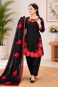 Black Floral Embroidered Patiyala Suit Set with Dupatta Fandy Silk