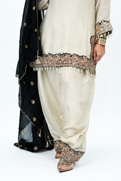 Ivory & Black Embroidered Kurta Set with Farshi Salwar & Organza Dupatta