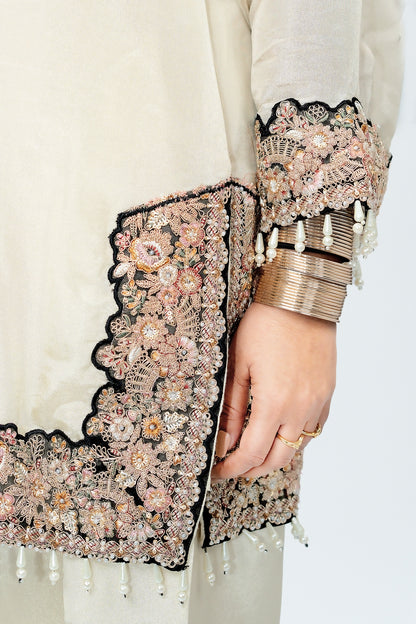 Ivory & Black Embroidered Kurta Set with Farshi Salwar & Organza Dupatta