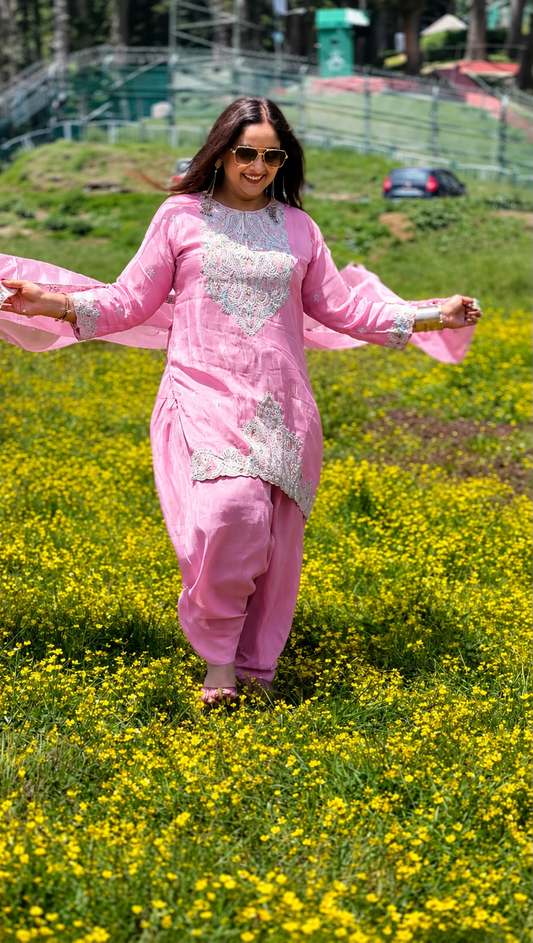 Baby Pink Embroidered Shummer Silk Suit Set