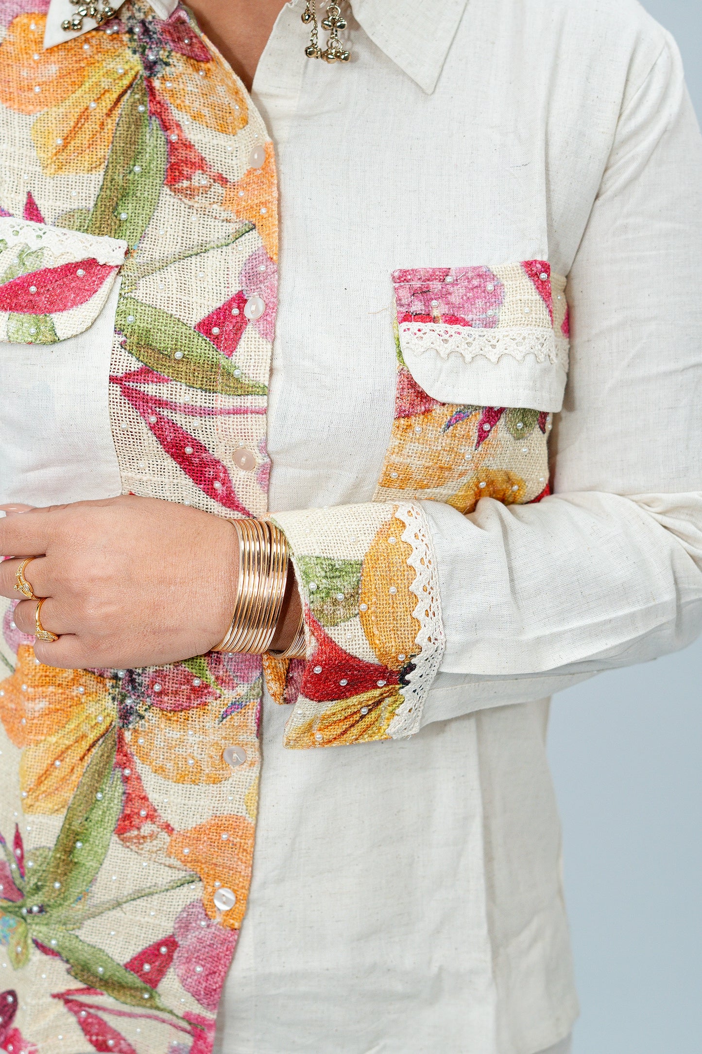 Ivory Multicolor Floral Print Co-ord Set | Shirt Top & Wide Leg Pants