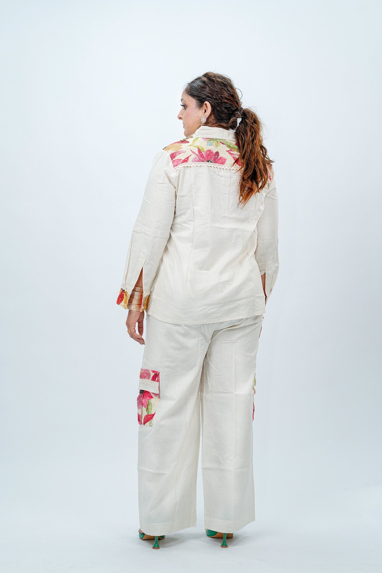 Ivory Multicolor Floral Print Co-ord Set | Shirt Top & Wide Leg Pants