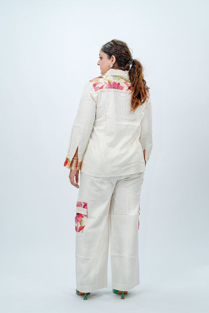 Ivory Multicolor Floral Print Co-ord Set | Shirt Top & Wide Leg Pants