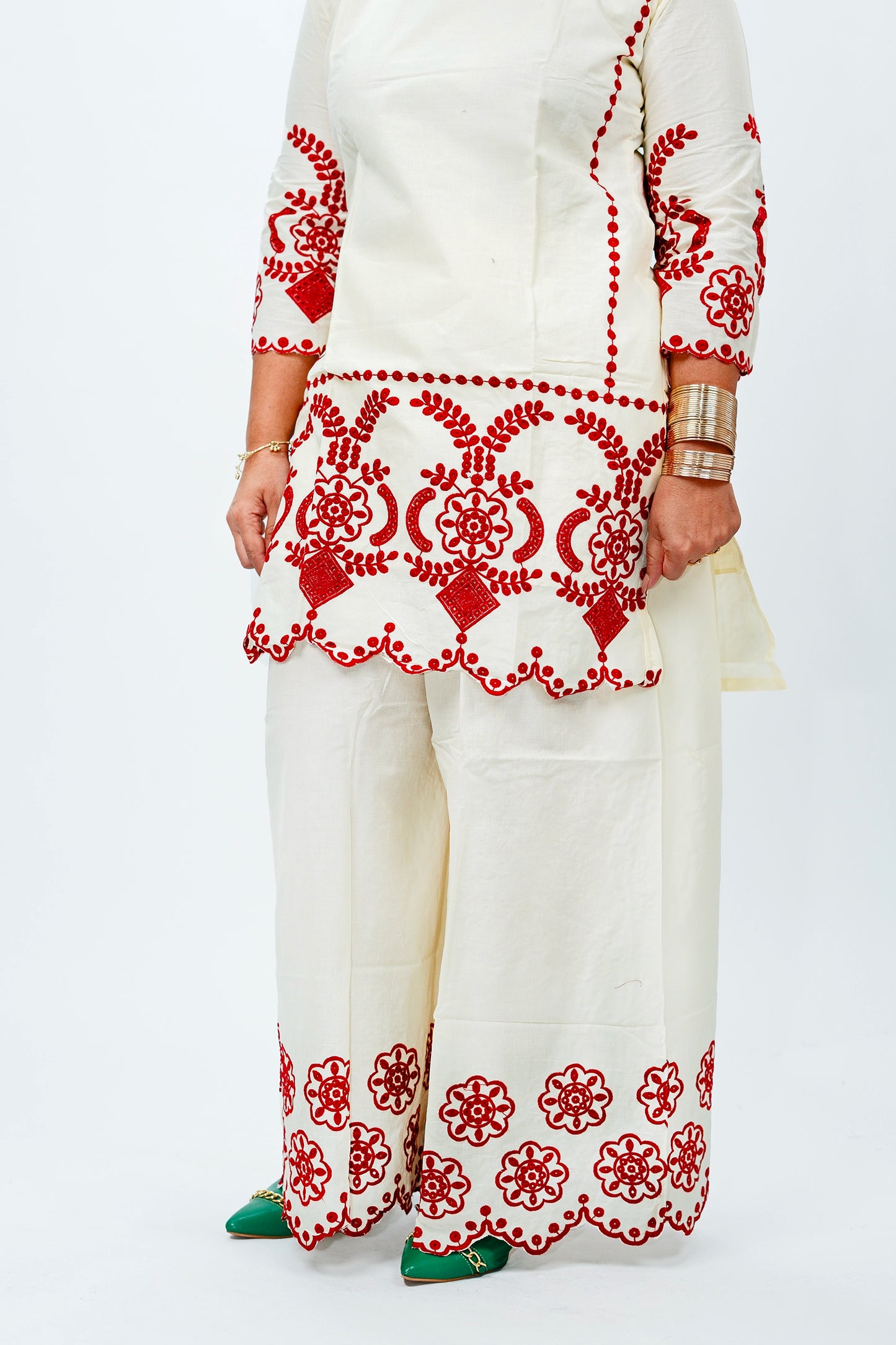Ivory & Red Embroidered Co-ord Set – Tunic & Palazzo Pants