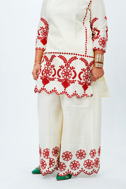 Ivory & Red Embroidered Co-ord Set – Tunic & Palazzo Pants