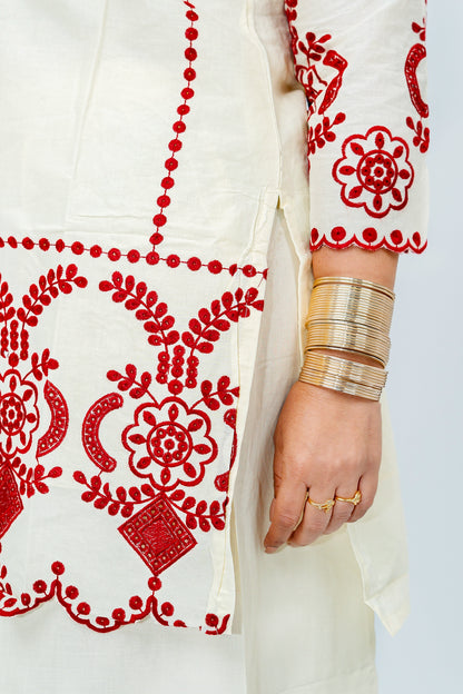 Ivory & Red Embroidered Co-ord Set – Tunic & Palazzo Pants