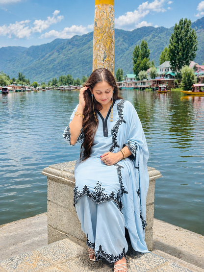 Powder Blue Pure Georgette Embroidered Sharara Set with Dupatta