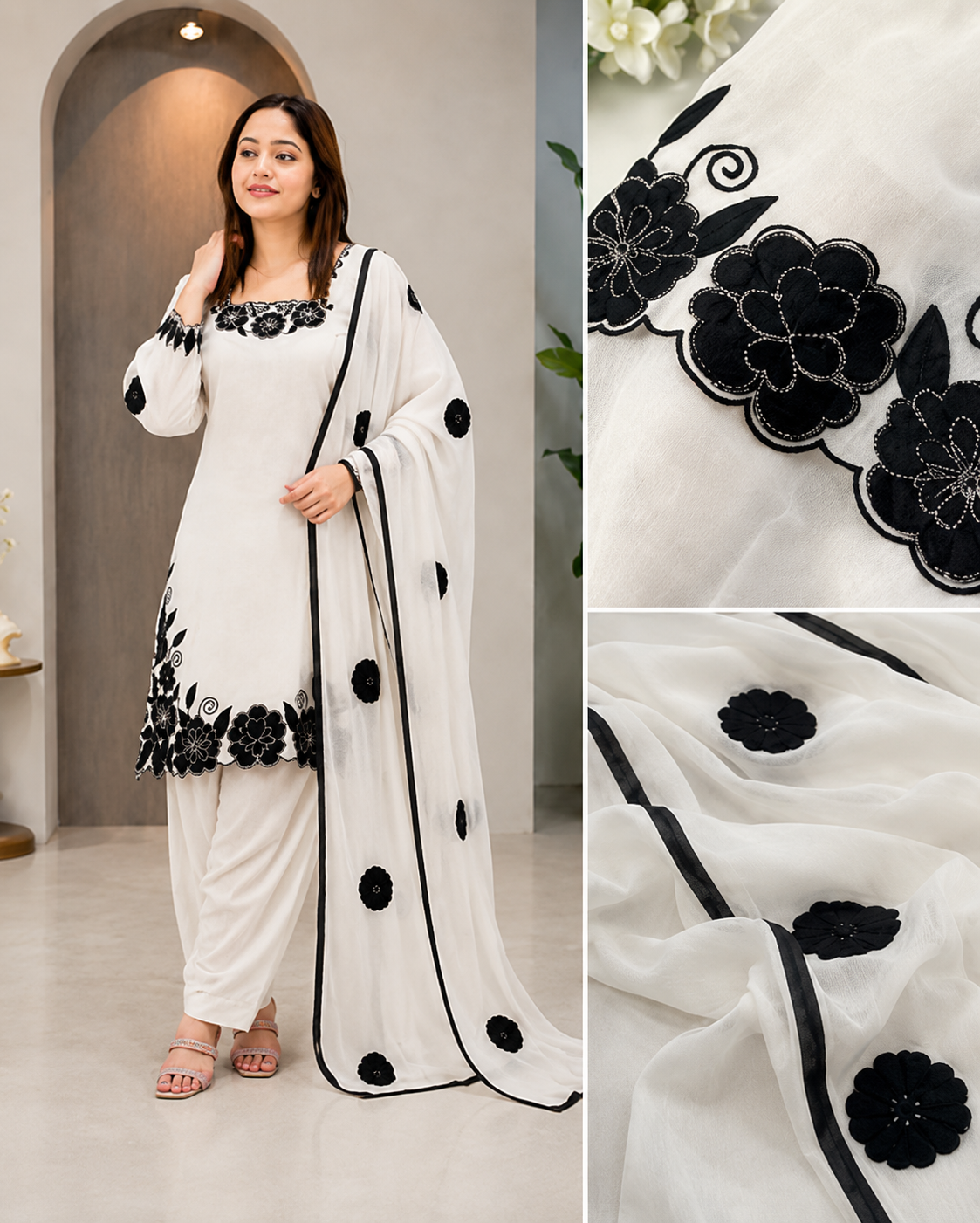 Black Floral Embroidered Patiyala Suit Set with Dupatta Fandy Silk