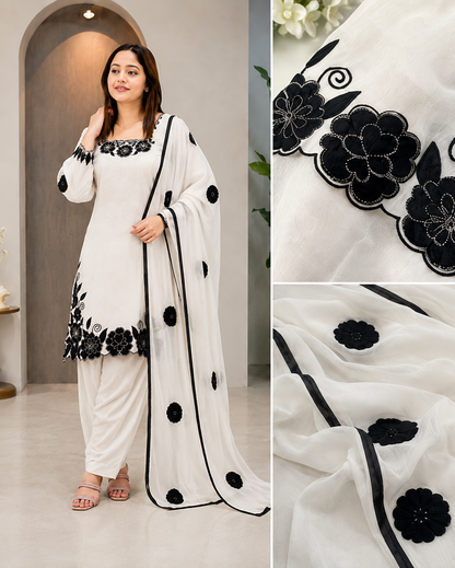 Black Floral Embroidered Patiyala Suit Set with Dupatta Fandy Silk